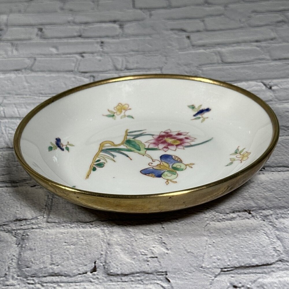 Vintage White Pink Butterfly Porcelain Brass Style Metal Trinket Bowl Hong Kong
